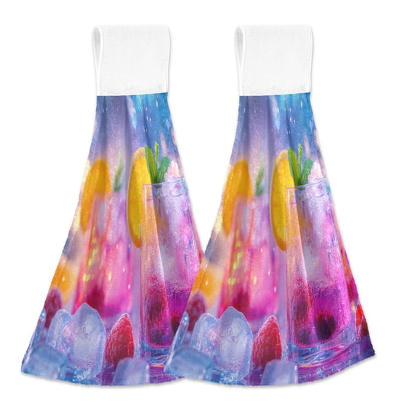 BZSMCE Hanging Hand Towels Fashion Colorful Cocktails with Raspberries Pattern 2-Pack - Velcro Style Bathroom Kitchen Towels
