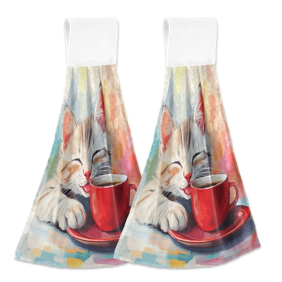 BZSMCE Hanging Hand Towels Fashion Cozy Cat Coffee Time Pattern 2-Pack - Velcro Style Bathroom Kitchen Towels