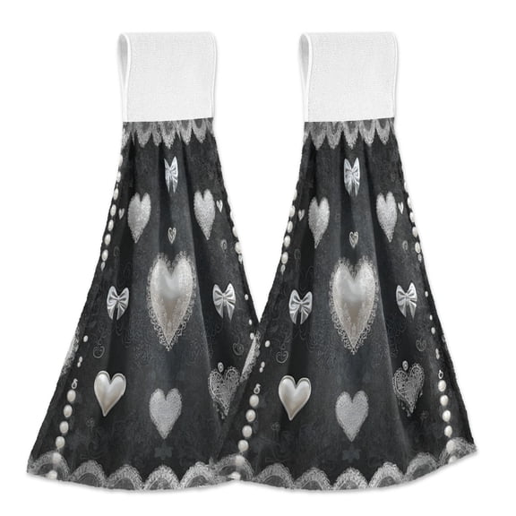 BZSMCE Hanging Hand Towels Fashion Crimson Burst Pattern 2-Pack - Lace Pearl Hearts Kitchen Towels