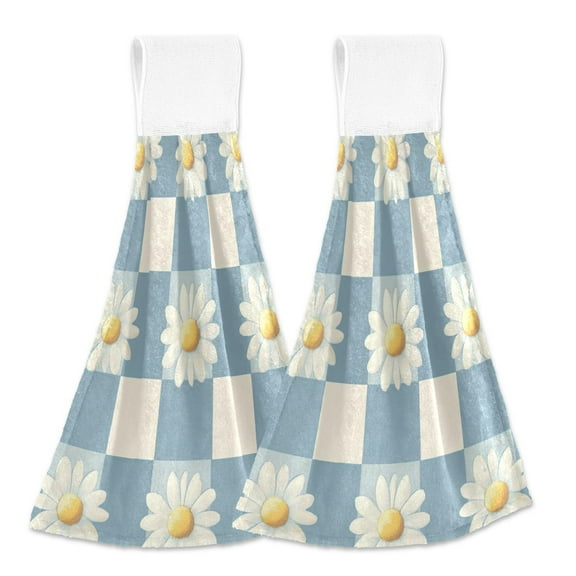 BZSMCE Hanging Hand Towels Fashion Daisy Delight on Blue Pattern 2-Pack - Velcro Style Bathroom Kitchen Towels