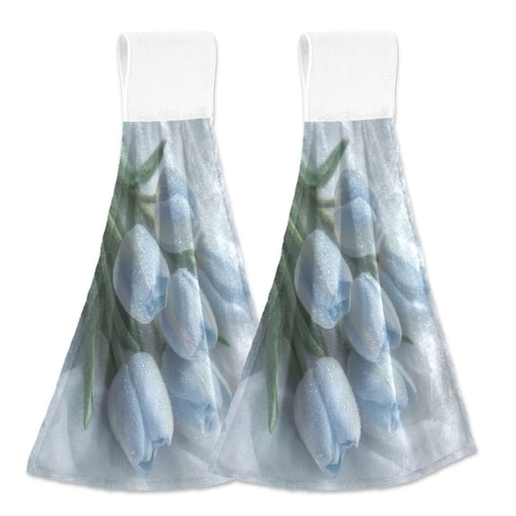 BZSMCE Hanging Hand Towels Fashion Delicate Blue Tulips Pattern 2-Pack - Velcro Style Bathroom Kitchen Towels