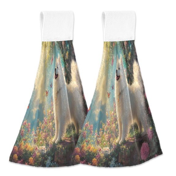 BZSMCE Hanging Hand Towels Fashion Dog with Butterflies Garden Pattern 2-Pack - Velcro Style Bathroom Kitchen Towels