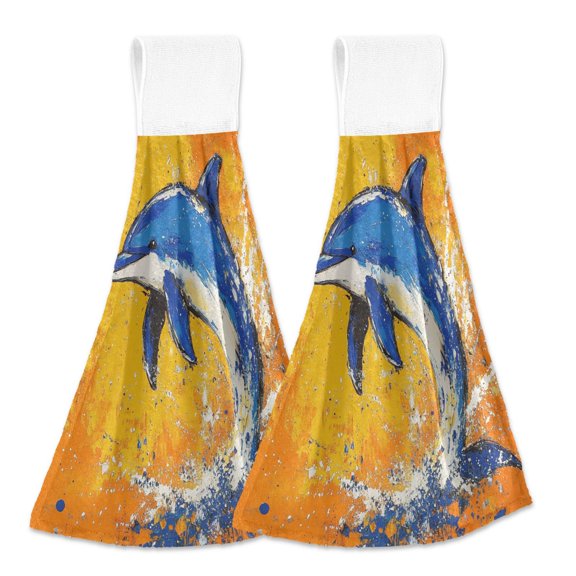 BZSMCE Hanging Hand Towels Fashion Dolphin Dance Pattern 2-Pack - Velcro Style Bathroom Kitchen Towels