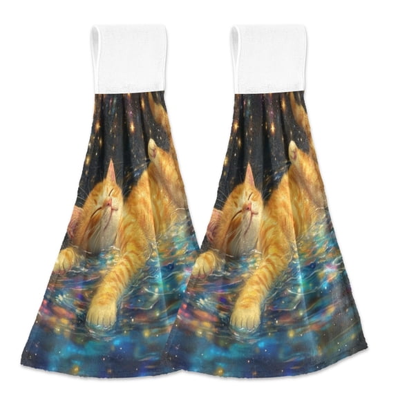 BZSMCE Hanging Hand Towels Fashion Dreamy Cat Splash Pattern 2-Pack - Velcro Style Bathroom Kitchen Towels