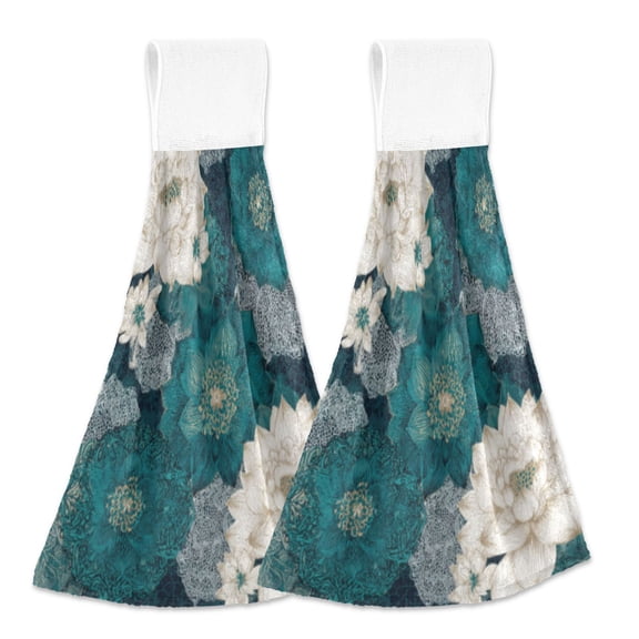 BZSMCE Hanging Hand Towels Fashion Elegant White Roses Pattern 2-Pack - Velcro Style Bathroom Kitchen Towels