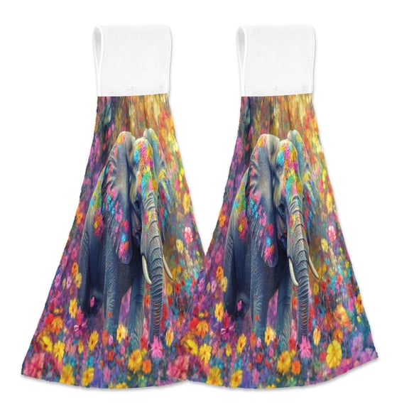 BZSMCE Hanging Hand Towels Fashion Elephant Flowers Colorful Pattern 2-Pack - Velcro Style Bathroom Kitchen Towels