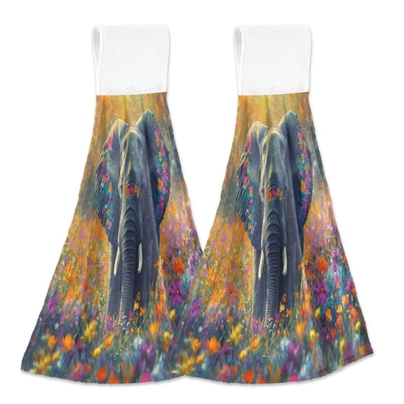 BZSMCE Hanging Hand Towels Fashion Elephant in Colorful Flower Field Pattern 2-Pack - Velcro Style Bathroom Kitchen Towels