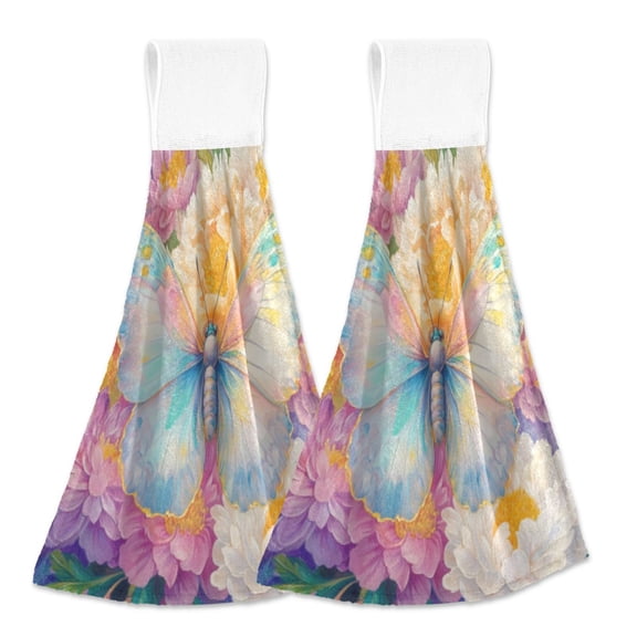 BZSMCE Hanging Hand Towels Fashion Enchanted Butterfly Pattern 2-Pack - Velcro Style Bathroom Kitchen Towels