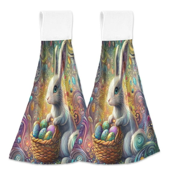 BZSMCE Hanging Hand Towels Fashion Enchanted Easter Bunny Pattern 2-Pack - Velcro Style Bathroom Kitchen Towels