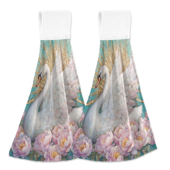 BZSMCE Hanging Hand Towels Fashion Ethereal Swan Majesty Pattern 2-Pack - Velcro Style Bathroom Kitchen Towels