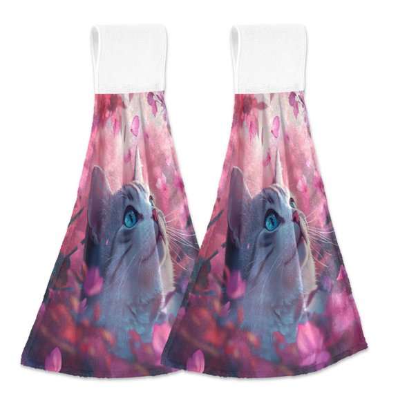 BZSMCE Hanging Hand Towels Fashion Feline in Floral Paradise Pattern 2-Pack - Velcro Style Bathroom Kitchen Towels