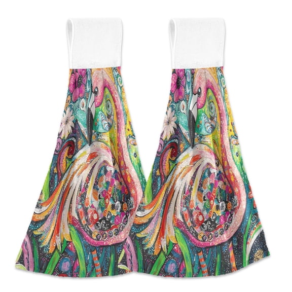 BZSMCE Hanging Hand Towels Fashion Flamingo in A Garden Of Colors Pattern 2-Pack - Velcro Style Bathroom Kitchen Towels