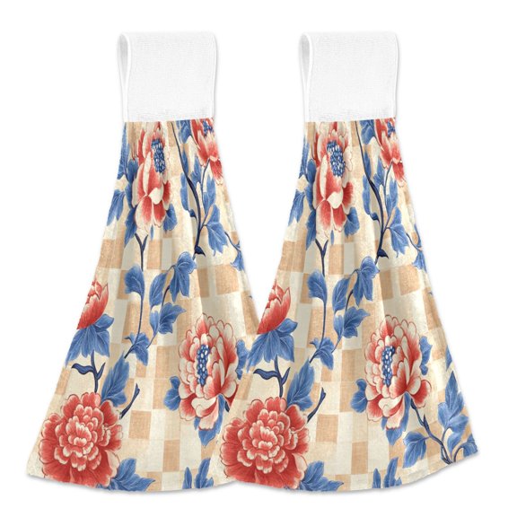 BZSMCE Hanging Hand Towels Fashion Floral Peony Dreams Pattern 2-Pack - Velcro Style Bathroom Kitchen Towels