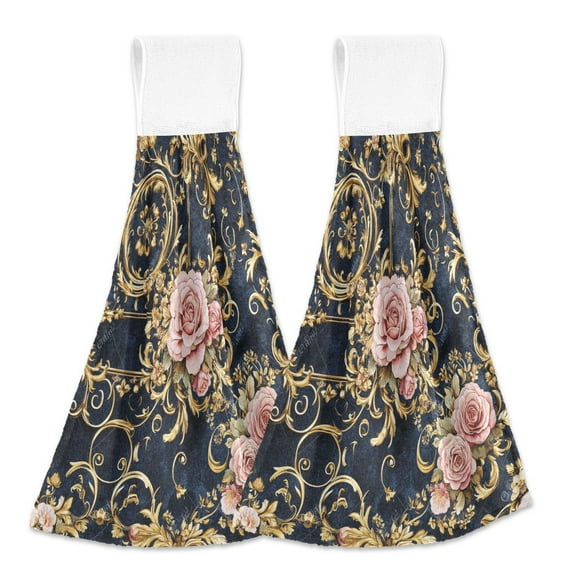 BZSMCE Hanging Hand Towels Fashion Floral Pink Roses Gold Filigree Pattern 2-Pack - Velcro Style Bathroom Kitchen Towels