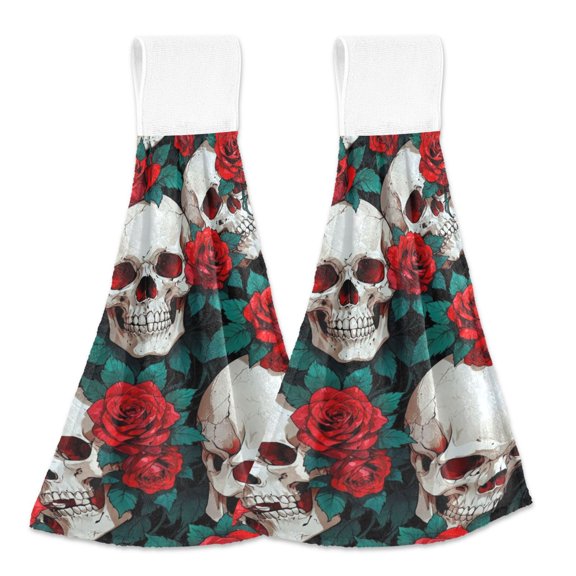 BZSMCE Hanging Hand Towels Fashion Floral Skulls Pattern 2-Pack - Velcro Style Bathroom Kitchen Towels
