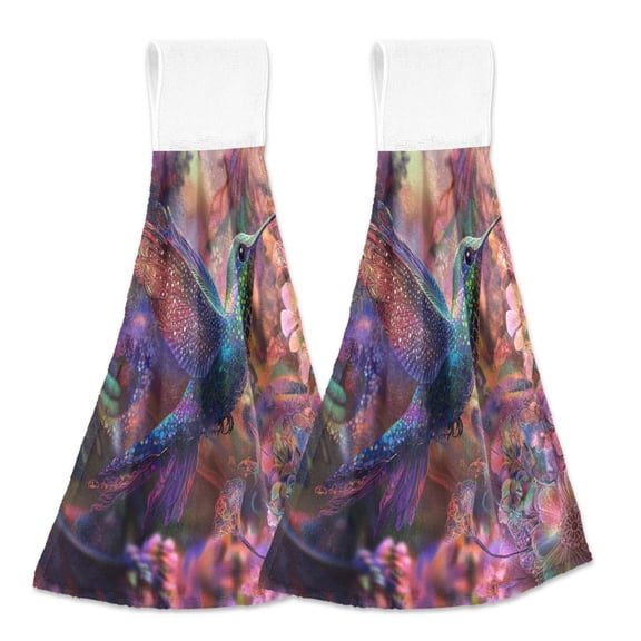 BZSMCE Hanging Hand Towels Fashion Galactic Hummingbird Dance Pattern 2-Pack - Velcro Style Bathroom Kitchen Towels