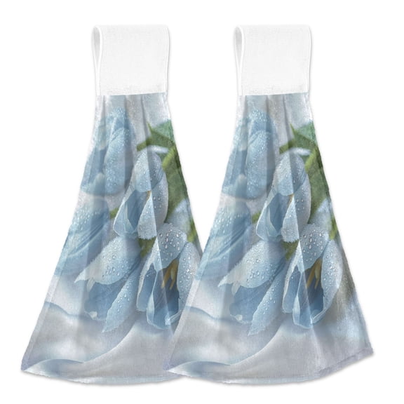 BZSMCE Hanging Hand Towels Fashion Gentle Blue Tulips Pattern 2-Pack - Velcro Style Bathroom Kitchen Towels