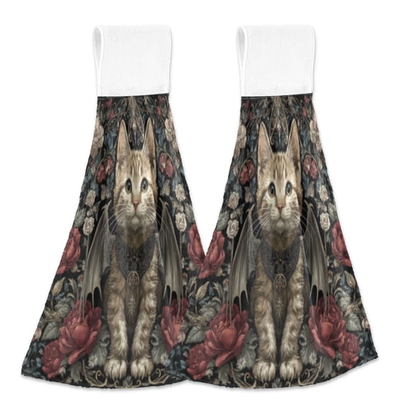 BZSMCE Hanging Hand Towels Fashion Gothic Winged Kitten Pattern 2-Pack - Velcro Style Bathroom Kitchen Towels