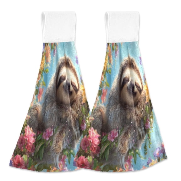 BZSMCE Hanging Hand Towels Fashion Happy Sloth Pattern 2-Pack - Velcro Style Bathroom Kitchen Towels