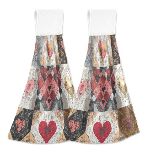 BZSMCE Hanging Hand Towels Fashion Heartfelt Patchwork Design Pattern 2-Pack - Velcro Style Bathroom Kitchen Towels