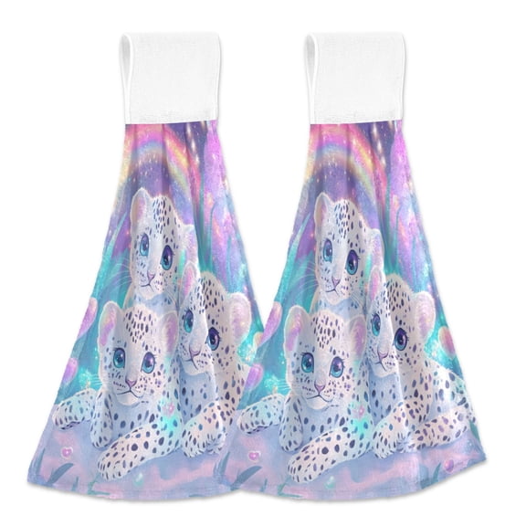BZSMCE Hanging Hand Towels Fashion Leopard Trio under The Rainbow Pattern 2-Pack - Velcro Style Bathroom Kitchen Towels