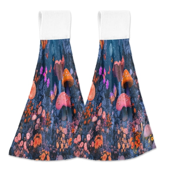 BZSMCE Hanging Hand Towels Fashion Mushroom Butterfly Garden Pattern 2-Pack - Velcro Style Bathroom Kitchen Towels