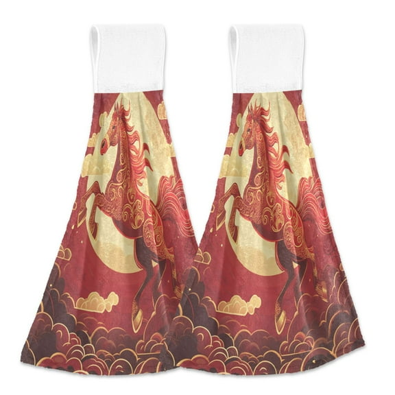 BZSMCE Hanging Hand Towels Fashion Mystical Moon Horse Pattern 2-Pack - Velcro Style Bathroom Kitchen Towels