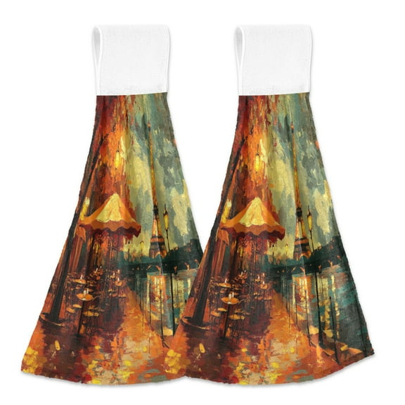 BZSMCE Hanging Hand Towels Fashion Paris Street Evening Scene Pattern 2-Pack - Velcro Style Bathroom Kitchen Towels