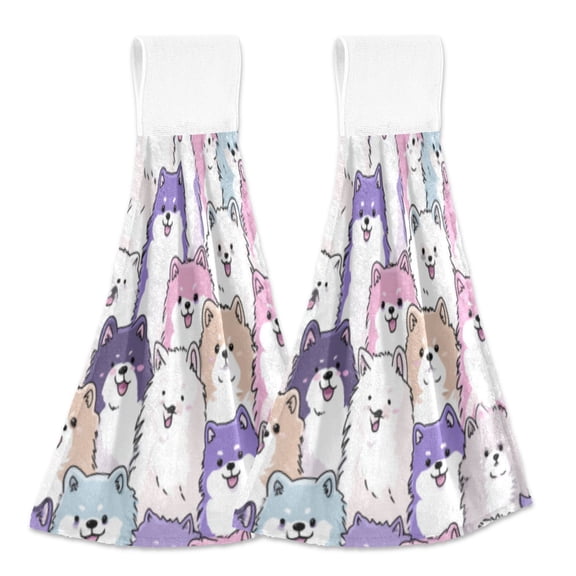 BZSMCE Hanging Hand Towels Fashion Pastel Cute Pups Pattern 2-Pack - Velcro Style Bathroom Kitchen Towels