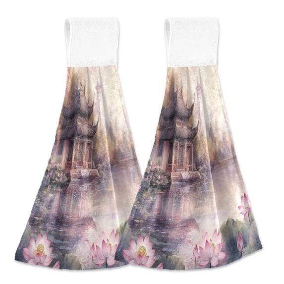 BZSMCE Hanging Hand Towels Fashion Pavilion Lotus Flowers Water Pattern 2-Pack - Velcro Style Bathroom Kitchen Towels