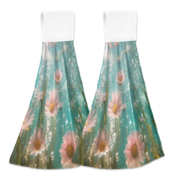 BZSMCE Hanging Hand Towels Fashion Pink Flowers and Bubbles Pattern 2-Pack - Velcro Style Bathroom Kitchen Towels
