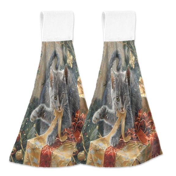 BZSMCE Hanging Hand Towels Fashion Playful Kitten with Holiday Gifts Pattern 2-Pack - Velcro Style Bathroom Kitchen Towels