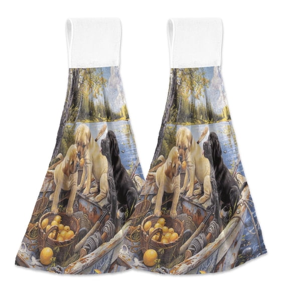 BZSMCE Hanging Hand Towels Fashion Puppies on A Lake Adventure Pattern 2-Pack - Velcro Style Bathroom Kitchen Towels