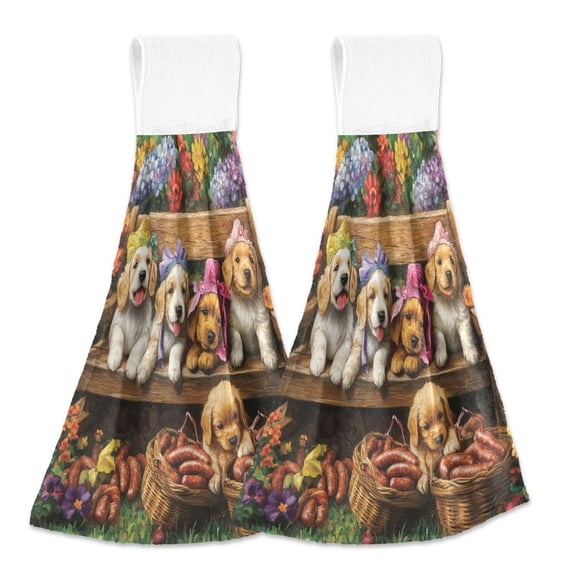 BZSMCE Hanging Hand Towels Fashion Puppy Picnic Party Pattern 2-Pack - Velcro Style Bathroom Kitchen Towels