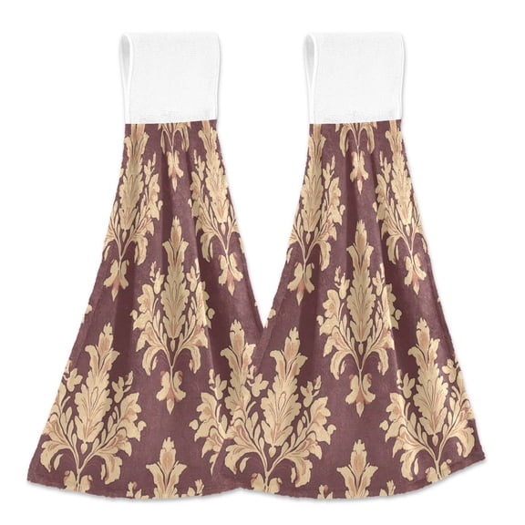BZSMCE Hanging Hand Towels Fashion Regal Crimson Damask Pattern 2-Pack - Velcro Style Bathroom Kitchen Towels