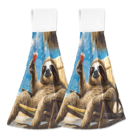 BZSMCE Hanging Hand Towels Fashion Relaxing Sloth on The Beach Pattern 2-Pack - Velcro Style Bathroom Kitchen Towels