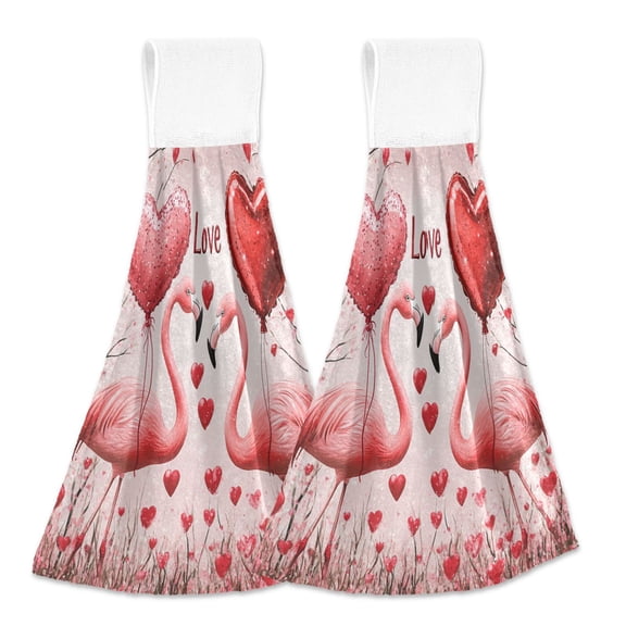 BZSMCE Hanging Hand Towels Fashion Romantic Flamingo Love Pattern 2-Pack - Velcro Style Bathroom Kitchen Towels