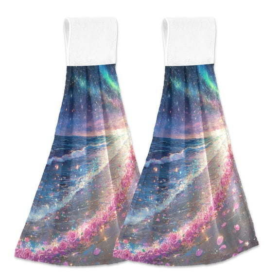 BZSMCE Hanging Hand Towels Fashion Rose Beach Pattern 2-Pack - Velcro Style Bathroom Kitchen Towels