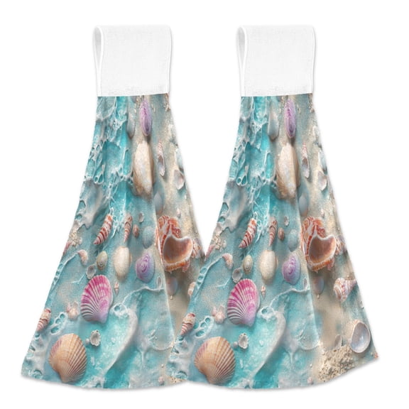 BZSMCE Hanging Hand Towels Fashion Seashells Beach Pattern 2-Pack - Velcro Style Bathroom Kitchen Towels