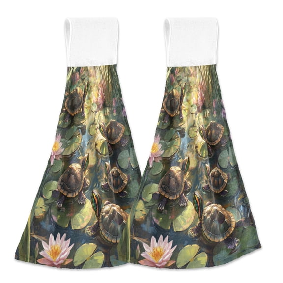 BZSMCE Hanging Hand Towels Fashion Serene Turtle Oasis Pattern 2-Pack - Velcro Style Bathroom Kitchen Towels
