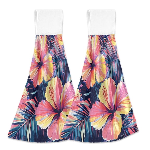 BZSMCE Hanging Hand Towels Fashion Sunset Hibiscus Pattern 2-Pack - Velcro Style Bathroom Kitchen Towels