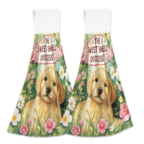 BZSMCE Hanging Hand Towels Fashion The Sweet Smell Of Happiness Pattern 2-Pack - Velcro Style Bathroom Kitchen Towels