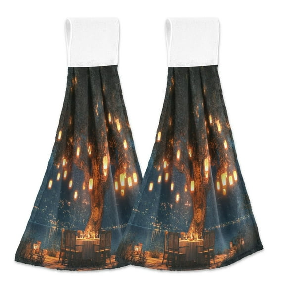 BZSMCE Hanging Hand Towels Fashion Tree with Lanterns By_lake Pattern 2-Pack - Velcro Style Bathroom Kitchen Towels