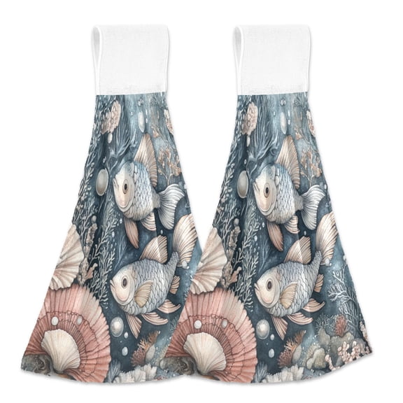 BZSMCE Hanging Hand Towels Fashion Underwater Treasures: Golden Fish Pattern 2-Pack - Velcro Style Bathroom Kitchen Towels