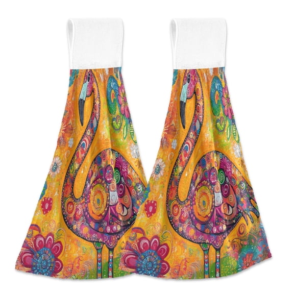 BZSMCE Hanging Hand Towels Fashion Whimsical Flamingo Delight Pattern 2-Pack - Velcro Style Bathroom Kitchen Towels