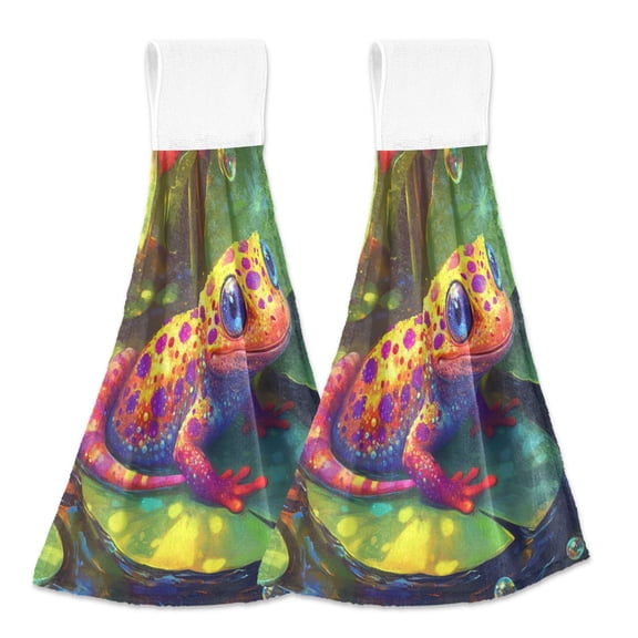 BZSMCE Hanging Hand Towels Fashion Whimsical Frog on A Lilly Pad Pattern 2-Pack - Velcro Style Bathroom Kitchen Towels