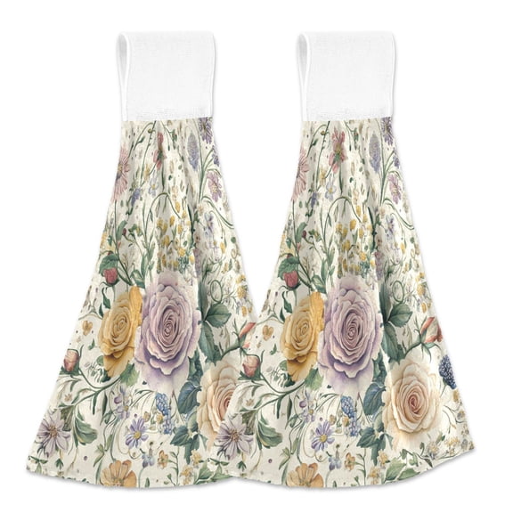 BZSMCE Hanging Hand Towels Fashion Whimsical Garden: Pastel Floral Design Pattern 2-Pack - Velcro Style Bathroom Kitchen Towels