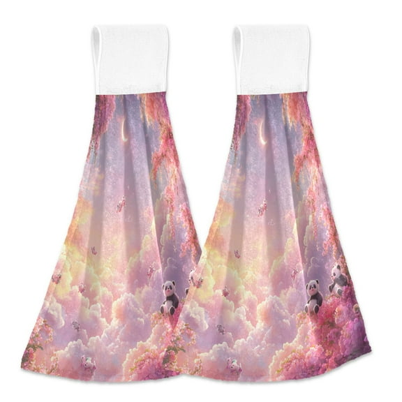 BZSMCE Hanging Hand Towels Fashion Whimsical Panda Realm Pattern 2-Pack - Velcro Style Bathroom Kitchen Towels
