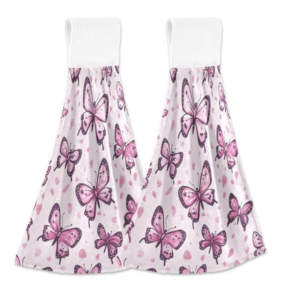 BZSMCE Hanging Hand Towels Fashion Whimsical Pink Butterflies Pattern 2-Pack - Velcro Style Bathroom Kitchen Towels
