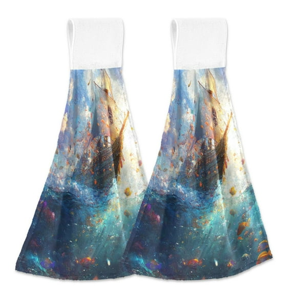 BZSMCE Hanging Hand Towels Fashion Whimsical Pirate Dream Pattern 2-Pack - Velcro Style Bathroom Kitchen Towels